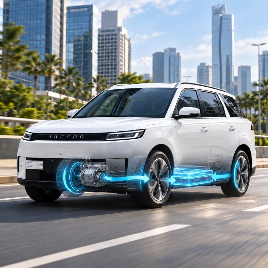 Jaecoo J5 putih dengan visual aliran energi baterai untuk menjelaskan regenerative braking