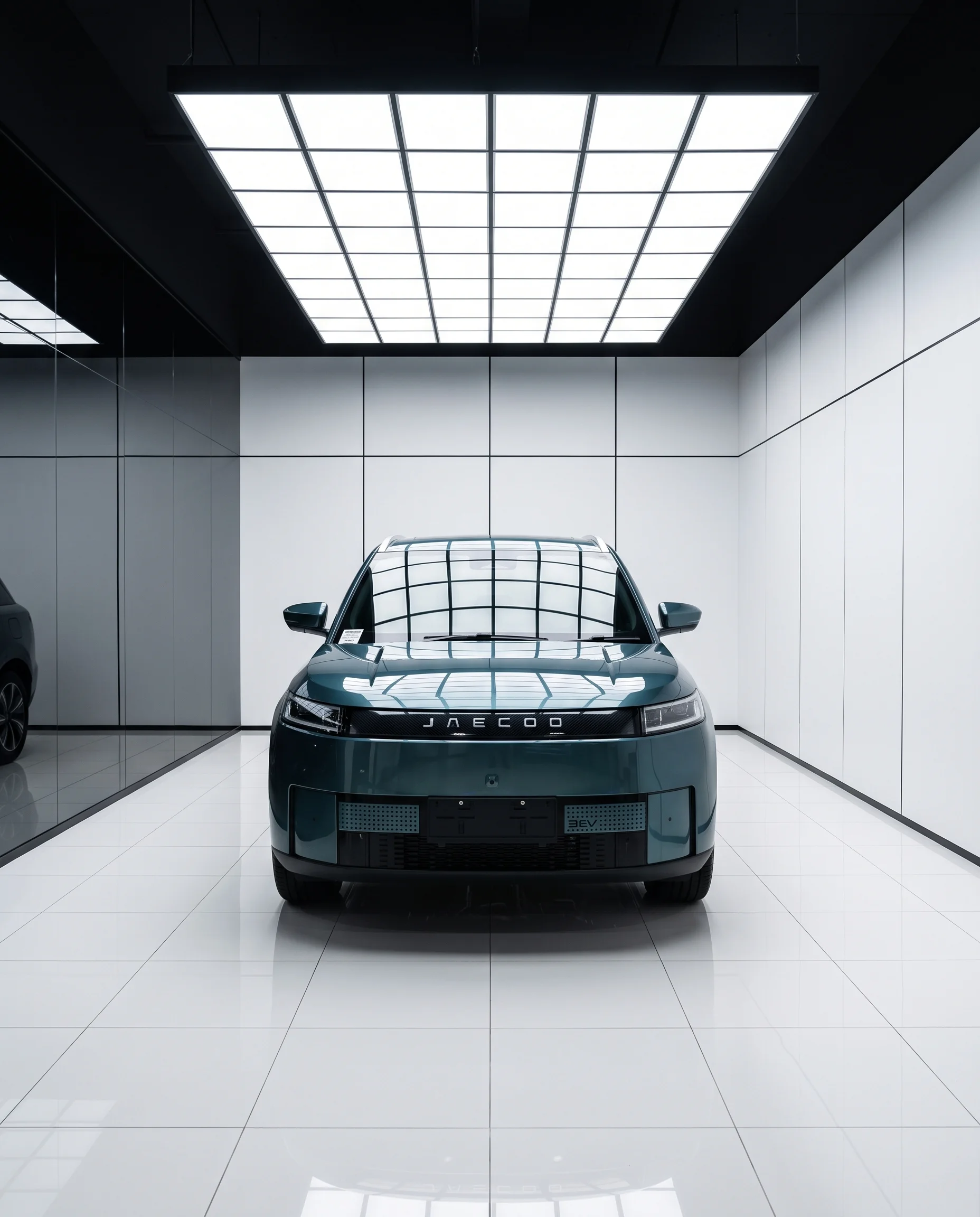 JAECOO J5 Premium Forest Green tampak depan di showroom